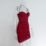 Halter Mesh Fishbone Ruched Bodycon Club Dress
