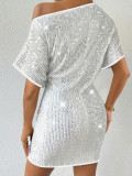 Silver Slash Shoulder Sequin Party Mini Dress