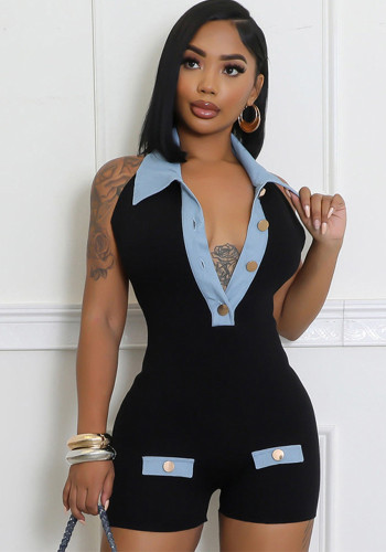Fashion Slim Fit Contrast Denim Patchwork Rompers