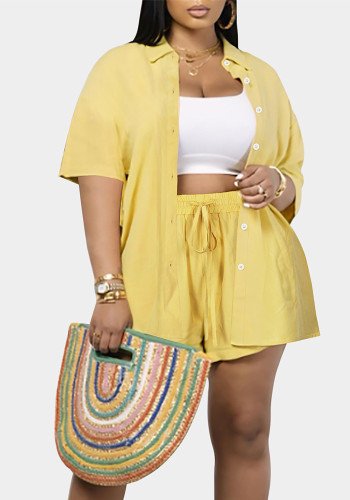Yellow Casual Short Sleeve Turndown Collar Shirt Elastic Waist 2pcs Shorts Set