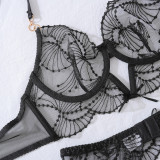 Embroidered Sheer Lace Bra & Panty Steel Ring 3-Piece Set