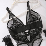 Polka Dot Patchwork Lace Low-Cut Underwired One-Piece Lingerie