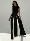 Elegant Evening Dress Contrast White and Black Sleeveless Maxi Dress