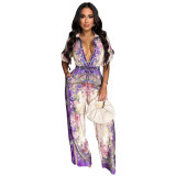 Sexy Button Turn Down Collar Retro Print Short Sleeve Jumpsuit