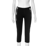 Black Mesh Lace See-Through Solid Cropped Pants