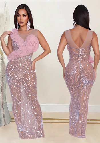 Pink Round Neck V-Back Printed Sleeveless Bodycon Dress
