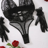 Polka Dot Patchwork Lace Low-Cut Underwired One-Piece Lingerie