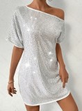 Silver Slash Shoulder Sequin Party Mini Dress