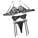 Embroidered Sheer Lace Bra & Panty Steel Ring 3-Piece Set