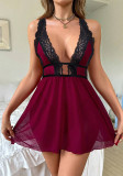 Sexy Lingerie Lace Trim Deep V-Neck See Through Mesh Nightdress