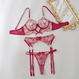 Embroidered Sheer Lace Bra & Panty Steel Ring 3-Piece Set