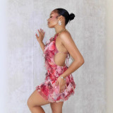 Printed Sexy Halter Low Back Floral Bodycon Dress