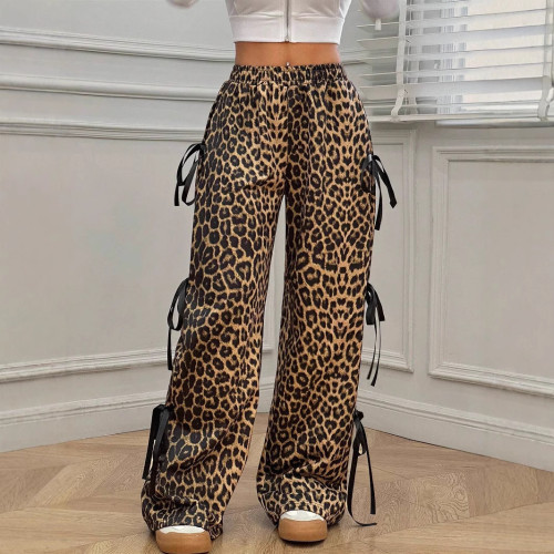 Elastic Waist Leopard Bow Tie Casual Wide Leg Pants
