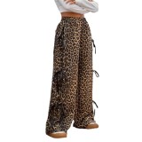 Elastic Waist Leopard Bow Tie Casual Wide Leg Pants