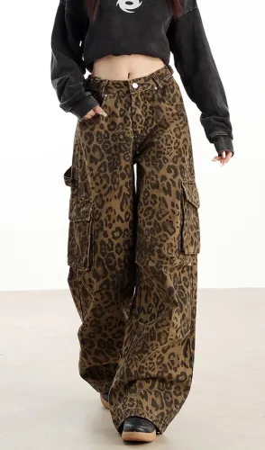 Casual Leopard Print Cargo Pants Straight Leg Pocket Trousers