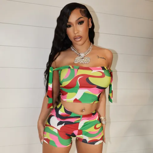 Summer Colorful Printed Off Shoulder Slim Two Piece Shorts Set