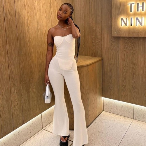 White Strapless Irregular Top and Bell Bottom Pants Two Piece Set
