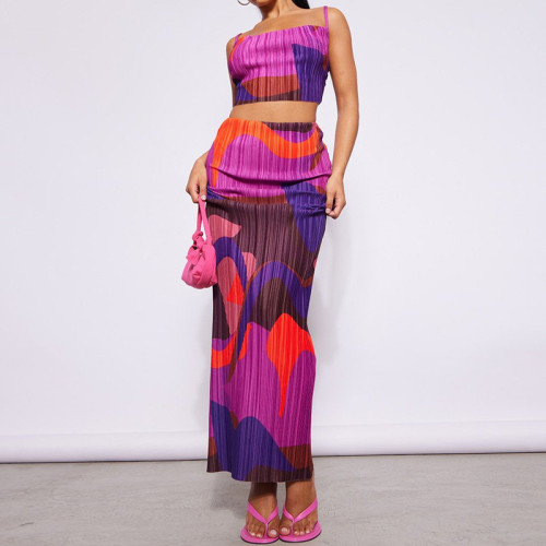 Print Ruched Cami Top and Long Skirt Two Piece Set