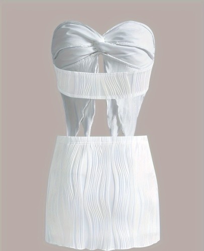 Sexy Ruched Twist Strapless Top and Skirt Set