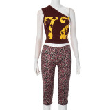 Printed Slash Sholder Crop Top and Cropped Pants 2PCS Set