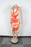 Deep V-Neck Sexy Printed Halter Sexy Slit Long Dress