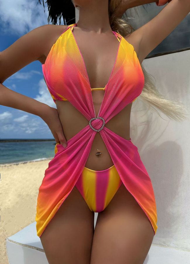 Striped Gradient Heart Buckle Mesh Cover-up Three Piece Swimwear Bikini Set