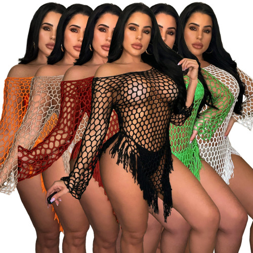 Sexy Crocheting Long Sleeve Knit Hollow Out Beach Dress Cover-up