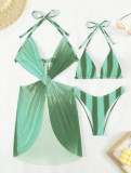 Striped Gradient Heart Buckle Mesh Cover-up Three Piece Swimwear Bikini Set