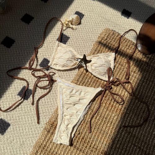 Sexy Starfish Decor Mesh Patchwork Tie Bikini Set