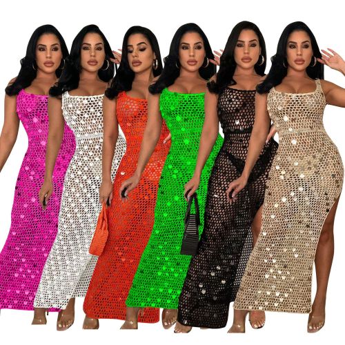 Sexy Hollow Out Knitted Sequin Sleeveless Slit Beach Dress