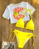 Sexy Solid Bikini Set Print Short Sleeve Sunblocking Mesh Three Piece Swimsuit