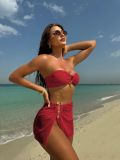 Sexy Solid Strapless Three-piece Swimwear Bikini Set with Mesh Skirt Cover-up