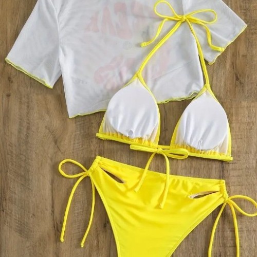 Sexy Solid Bikini Set Print Short Sleeve Sunblocking Mesh Three Piece Swimsuit