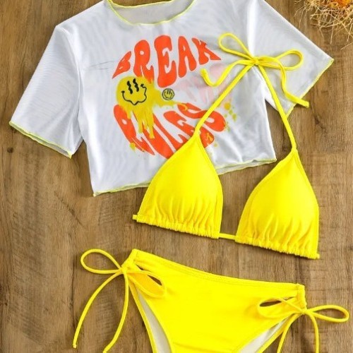 Sexy Solid Bikini Set Print Short Sleeve Sunblocking Mesh Three Piece Swimsuit