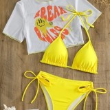 Sexy Solid Bikini Set Print Short Sleeve Sunblocking Mesh Three Piece Swimsuit