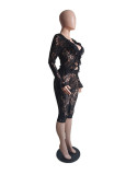 Sexy Solid Hollow See Through Lace Two-Piece Shorts Set