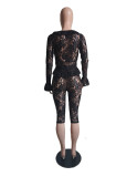 Sexy Solid Hollow See Through Lace Two-Piece Shorts Set