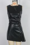 Sexy Ruched Sleeveless PU Leather Boat Neck Asymmetric Dress