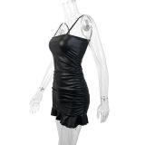 Black PU Leather Strap Ruffle Ruched Bodycon Dress
