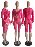 Sexy Solid Hollow See Through Lace Two-Piece Shorts Set