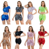 Shiny Soft Bodyon Two Piece Shorts Set