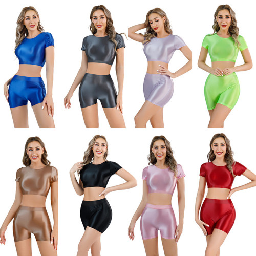 Shiny Soft Bodyon Two Piece Shorts Set