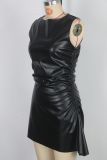 Sexy Ruched Sleeveless PU Leather Boat Neck Asymmetric Dress