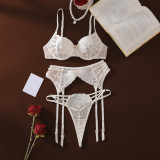 Sexy Floral Embroidery See Through Underwired Garter 3-Piece Lingerie Set