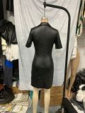 Black PU Leather V-Neck Sexy Bodycon Midi Dress