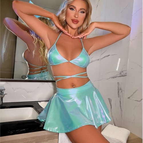 Sexy Lingerie Set PU Leather Shiny Party Game Costume for Women