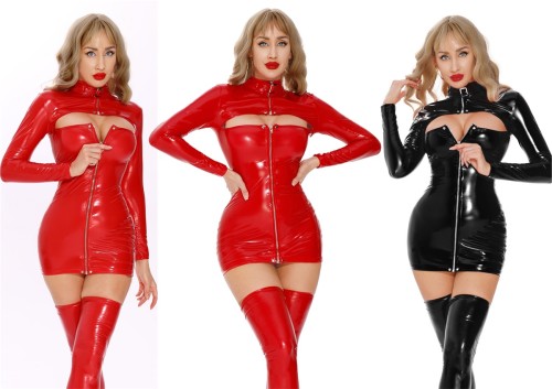 Patent PU Leaher Nightclub Sexy Hollow Zipper Bodycon Dress(without stocking）