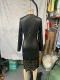 Black PU-Leather V-Neck Sexy Mesh Patchwork Midi Dress