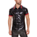 S-5XL Men's Patent PU Faux Leather Turn Down Collar T-Shirt