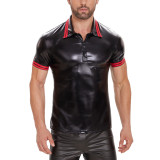 S-5XL Men's Patent PU Faux Leather Turn Down Collar T-Shirt